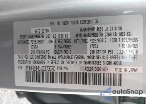 2018 Mazda Cx-5 Sport из США, поврежденный, VIN JM3KFBBM6J0376570